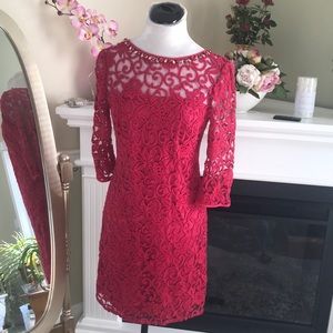 Adrianna Papell  Christmas Red Lace Jeweled Embossed Neckline Dress